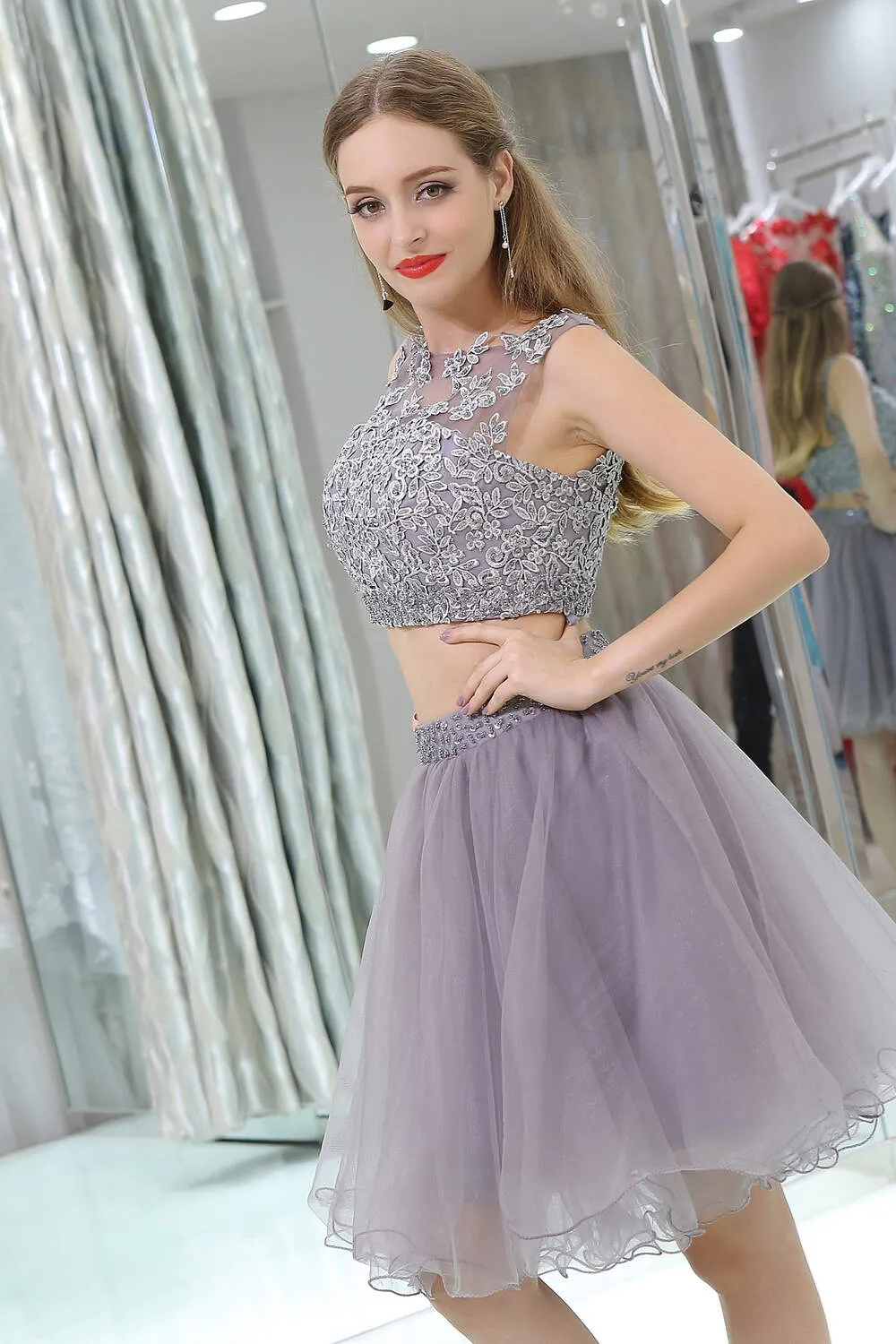 2 Piece Gray Tulle Short Suit Skirt With Lace Homecoming Dresses