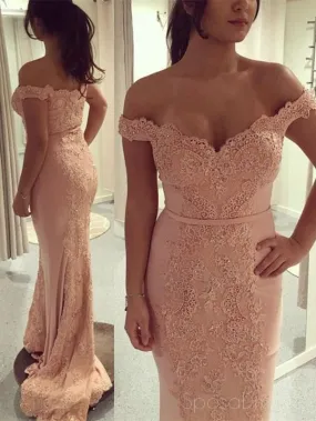 2018 Off Shoulder Blush Pink Lace Beaded Mermaid Long Custom Evening Prom Dresses, 17397