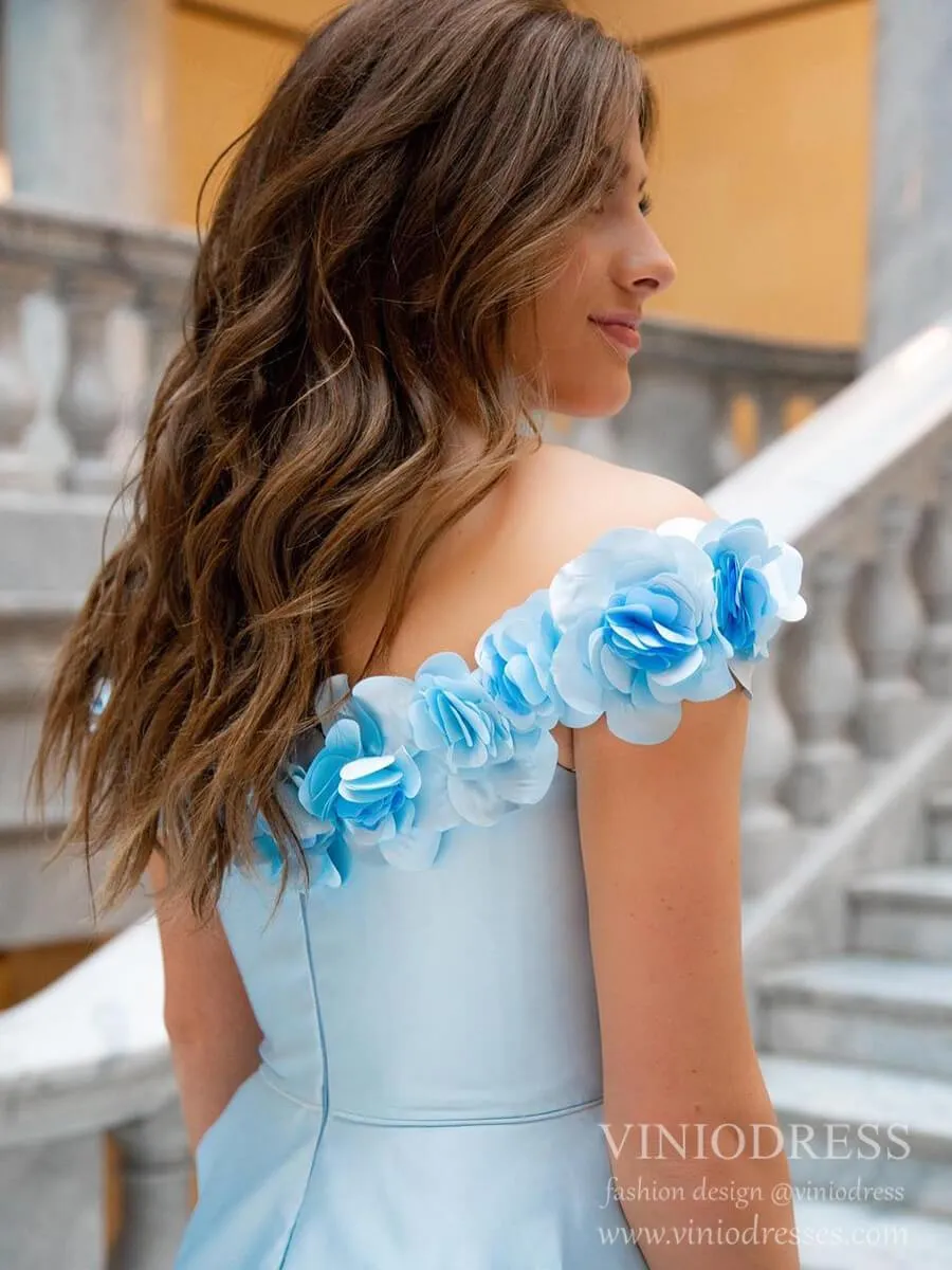 3D Flower Off the Shoulder Light Blue Prom Dresses with Pockets FD2106