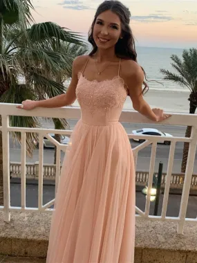 A Line Backless Pink Lace Long Prom Dresses, Pink Lace Formal Dresses, Pink Evening Dresses