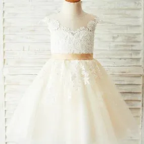 A-line Ivory Tulle Flower Girl Dresses With Lace Applique,Cheap Flower Girl Dresses,FGY0188