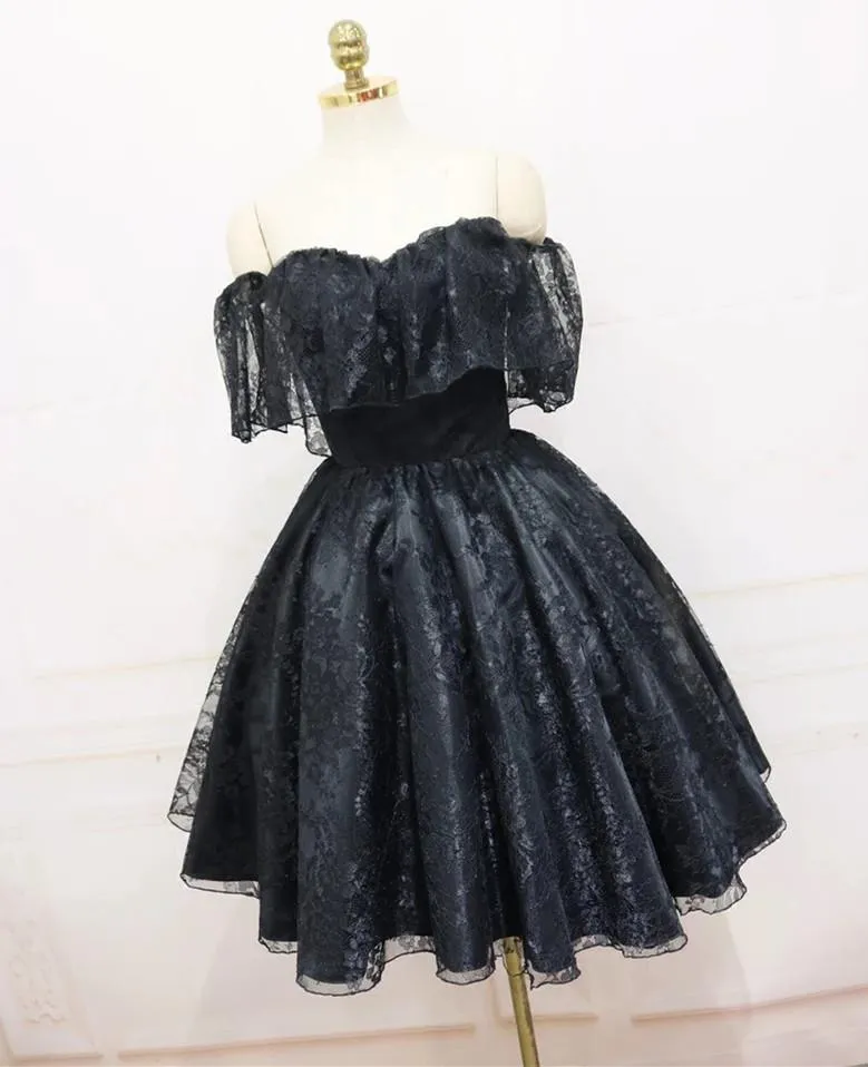 A-Line Off The Shoulder Short Black Lace Homecoming Dress