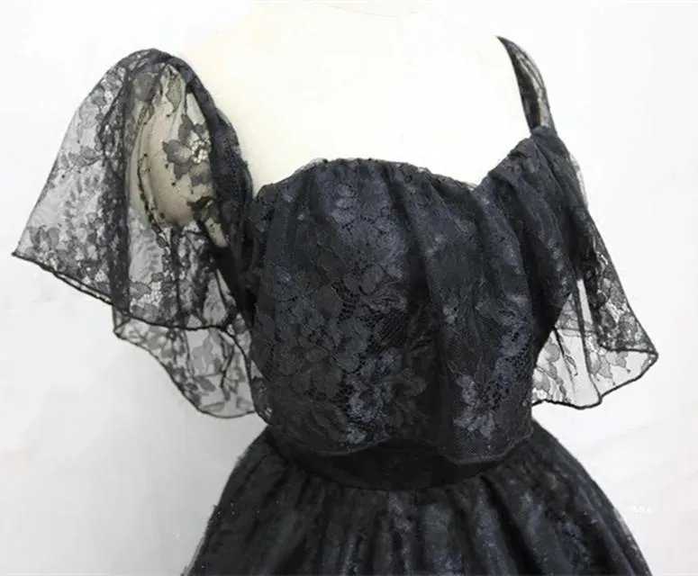 A-Line Off The Shoulder Short Black Lace Homecoming Dress