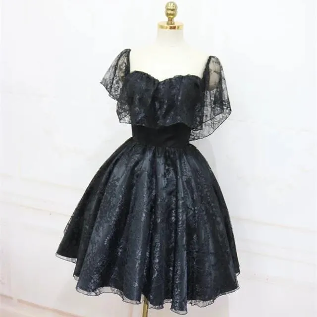 A-Line Off The Shoulder Short Black Lace Homecoming Dress