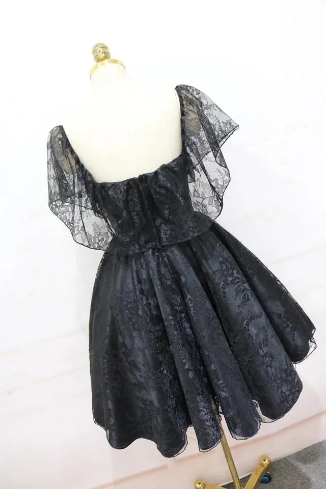 A-Line Off The Shoulder Short Black Lace Homecoming Dress