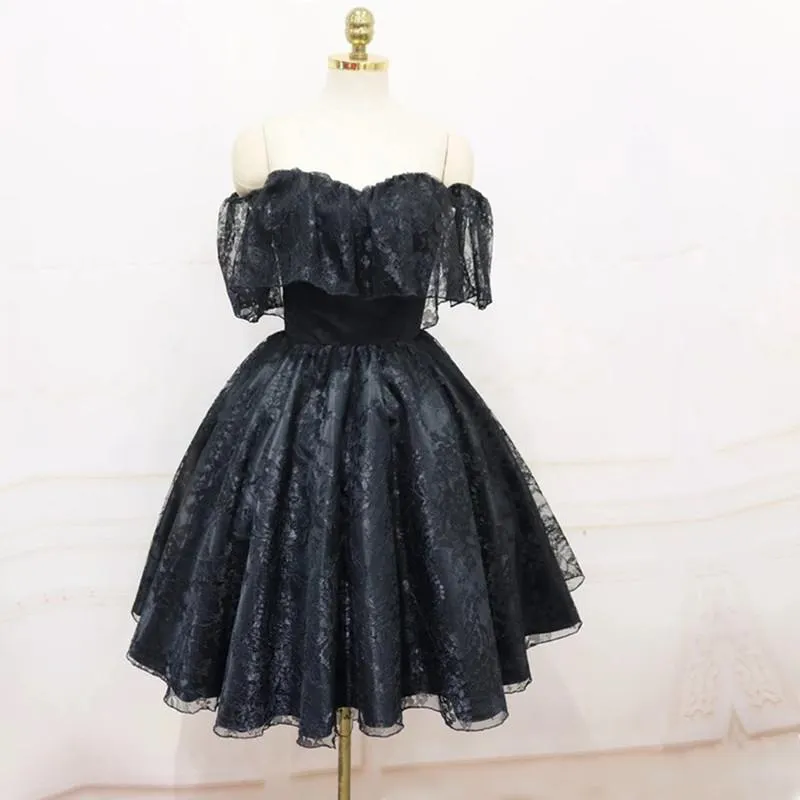 A-Line Off The Shoulder Short Black Lace Homecoming Dress