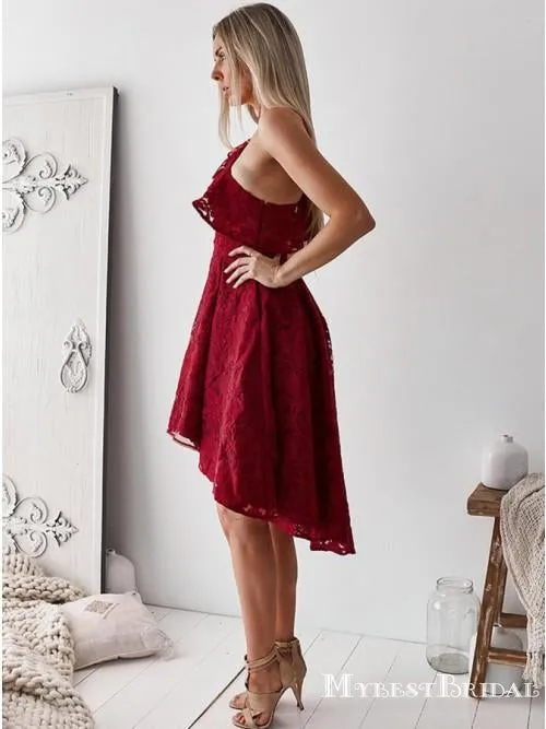 A-Line One-Shoulder High Low Burgundy Lace Homecoming Dresses with Ruffles, TYP0023