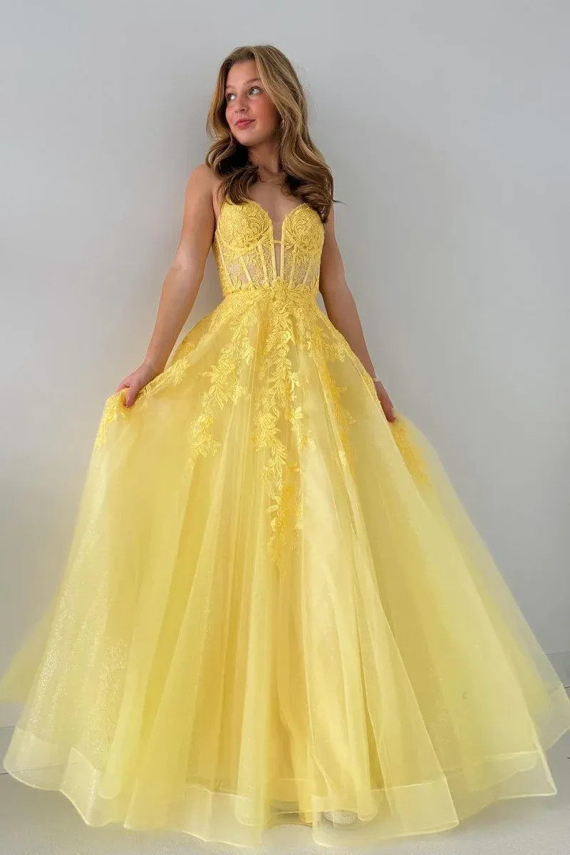 A-Line V Neck Yellow Tulle Lace Long Prom Dresses,BD93263