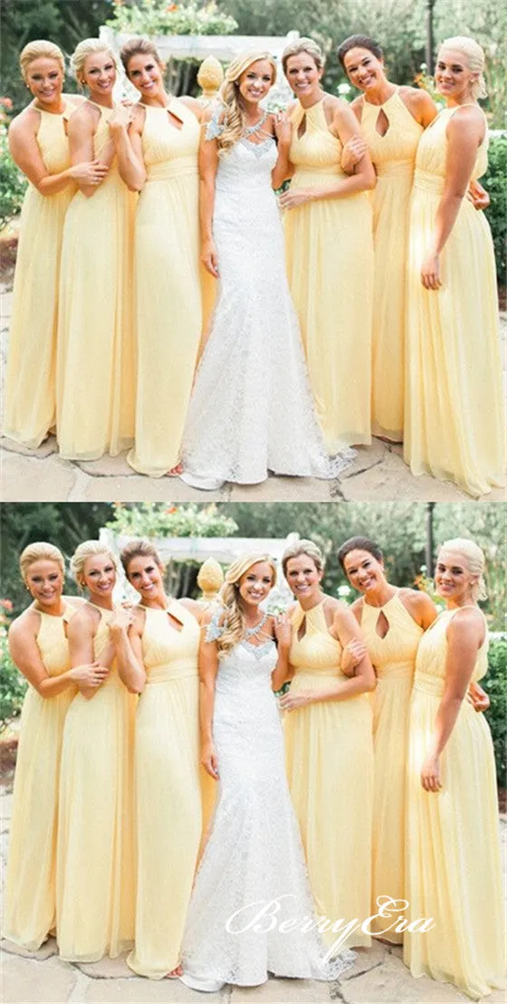 A-line Yellow Chiffon Long Simple Bridesmaid Dresses