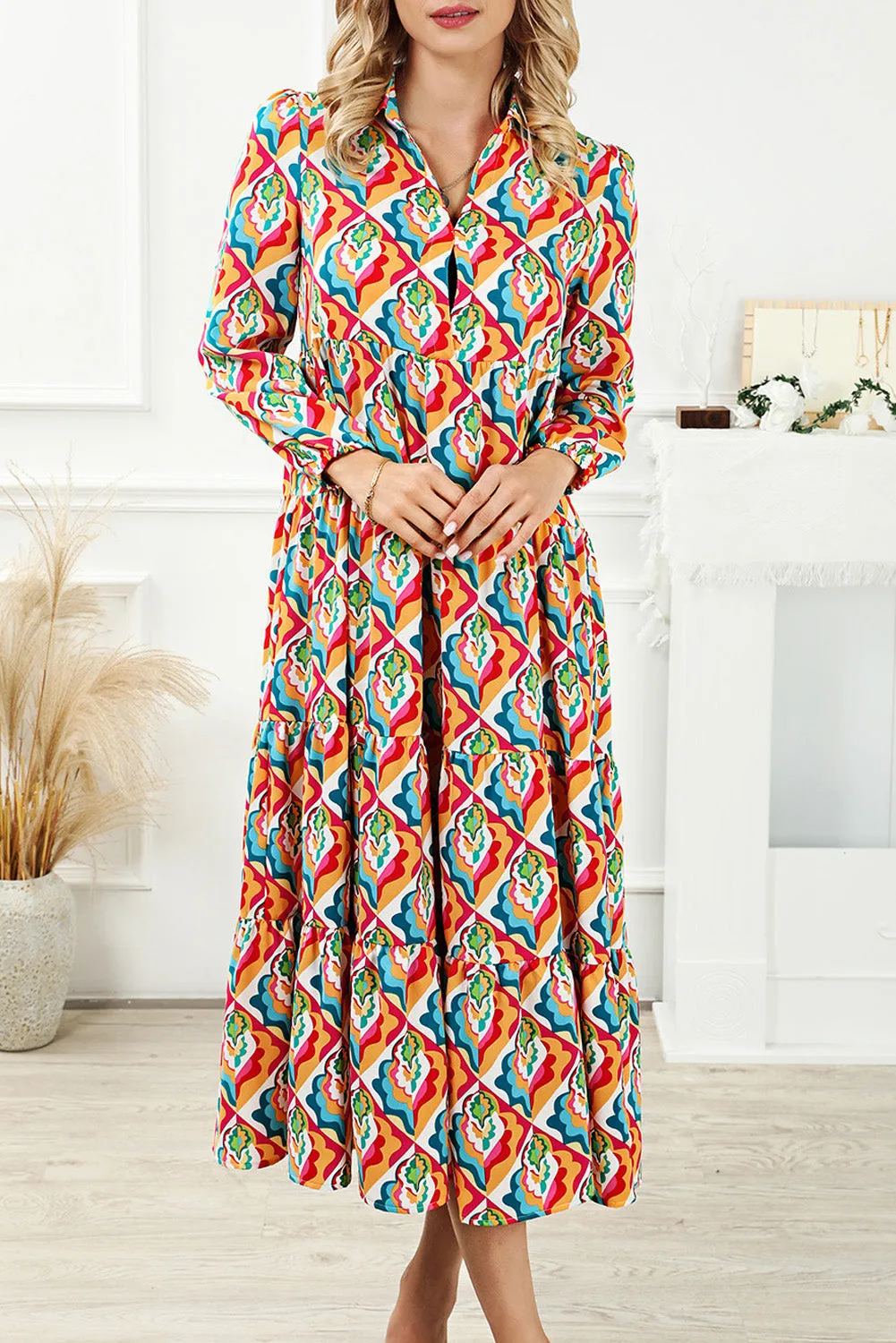 Abstract Geometric Print High Waist Dress