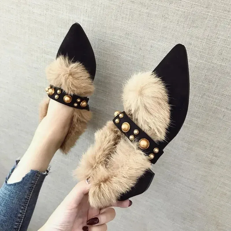 Amozae-Trendy Fur Shoes Women's Autumn/winter Outerwear  New Style Versatile Pointed Mid Heel Coarse Heel Shoe Hopping Bean Shoes