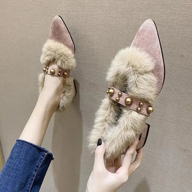 Amozae-Trendy Fur Shoes Women's Autumn/winter Outerwear  New Style Versatile Pointed Mid Heel Coarse Heel Shoe Hopping Bean Shoes