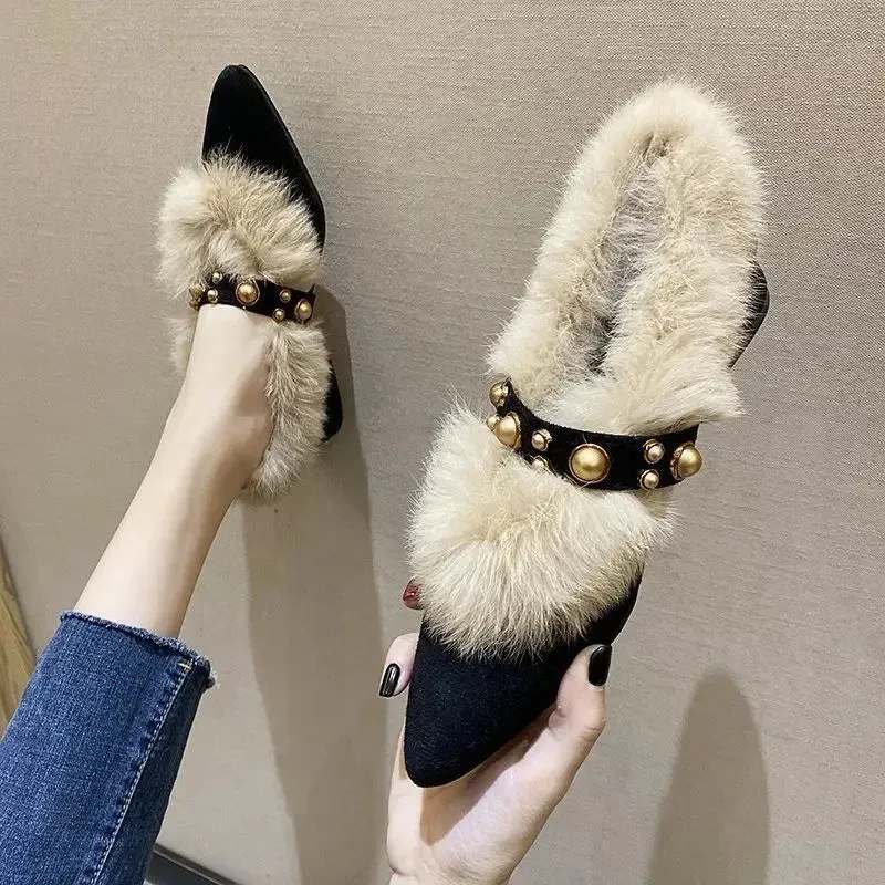 Amozae-Trendy Fur Shoes Women's Autumn/winter Outerwear  New Style Versatile Pointed Mid Heel Coarse Heel Shoe Hopping Bean Shoes