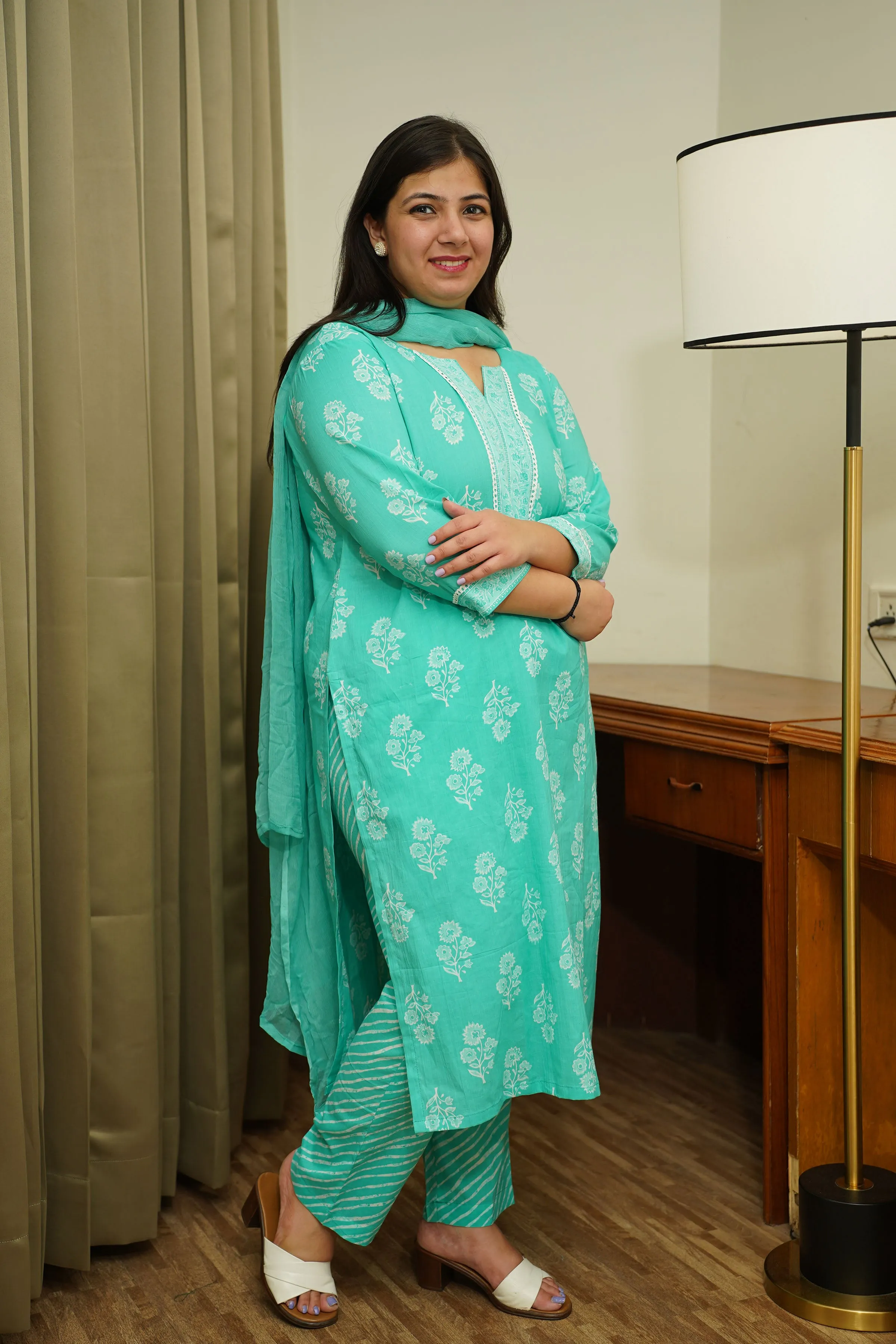 Aqua Green Block Printed Suit Set