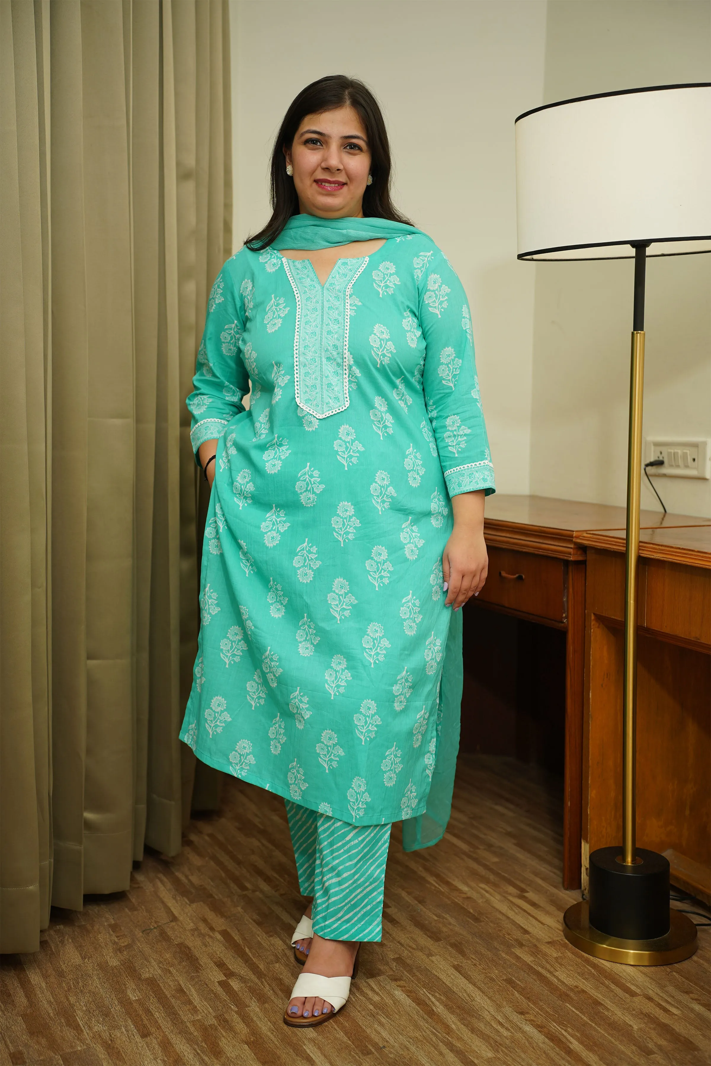 Aqua Green Block Printed Suit Set