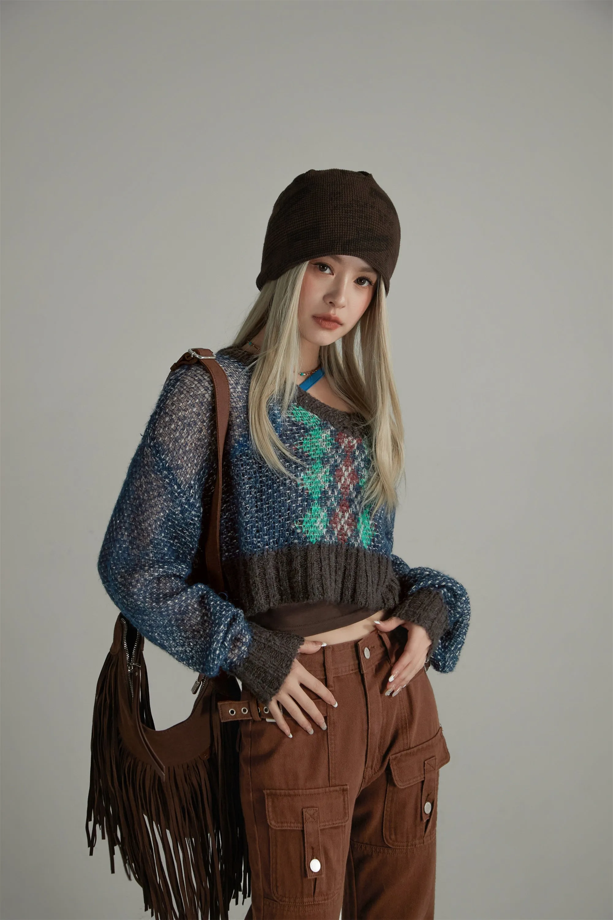 Argyle Cropped Crochet Knit Sweater