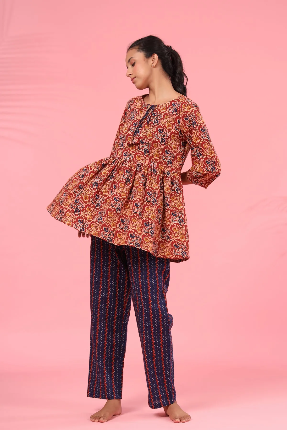 Bagru Kalamkari on Maroon Peplum Pyjama Sets