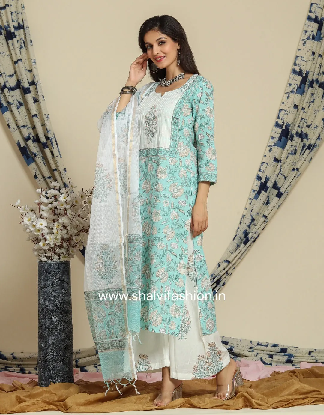 Bahar Hand Block Print Cotton Suit Set with Mulmul Dupatta (CSS99MUL)