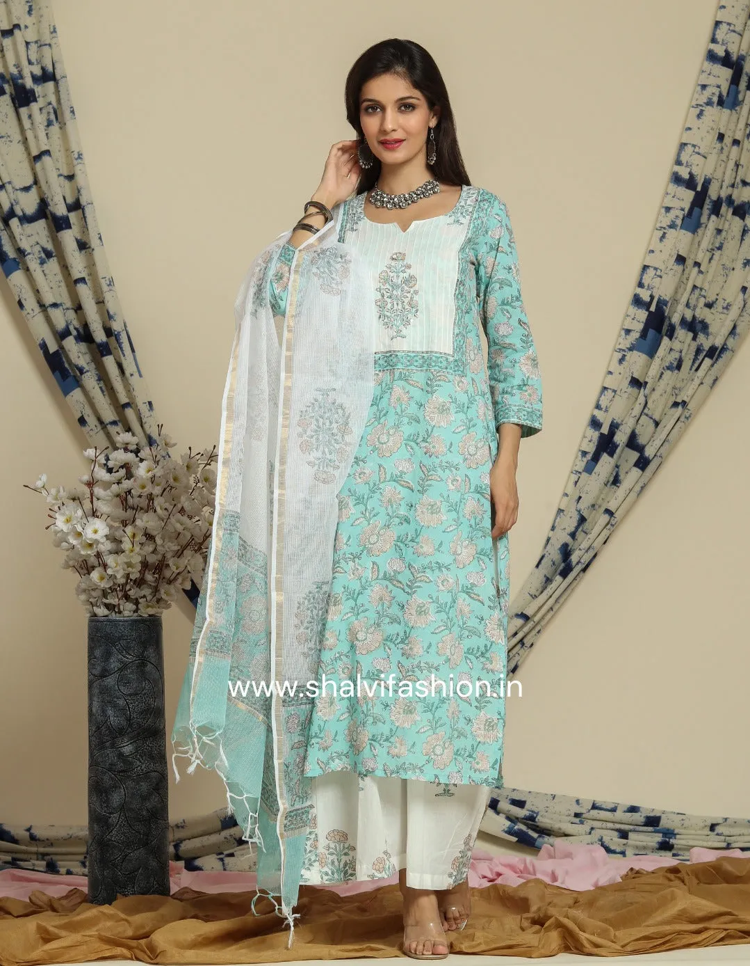 Bahar Hand Block Print Cotton Suit Set with Mulmul Dupatta (CSS99MUL)