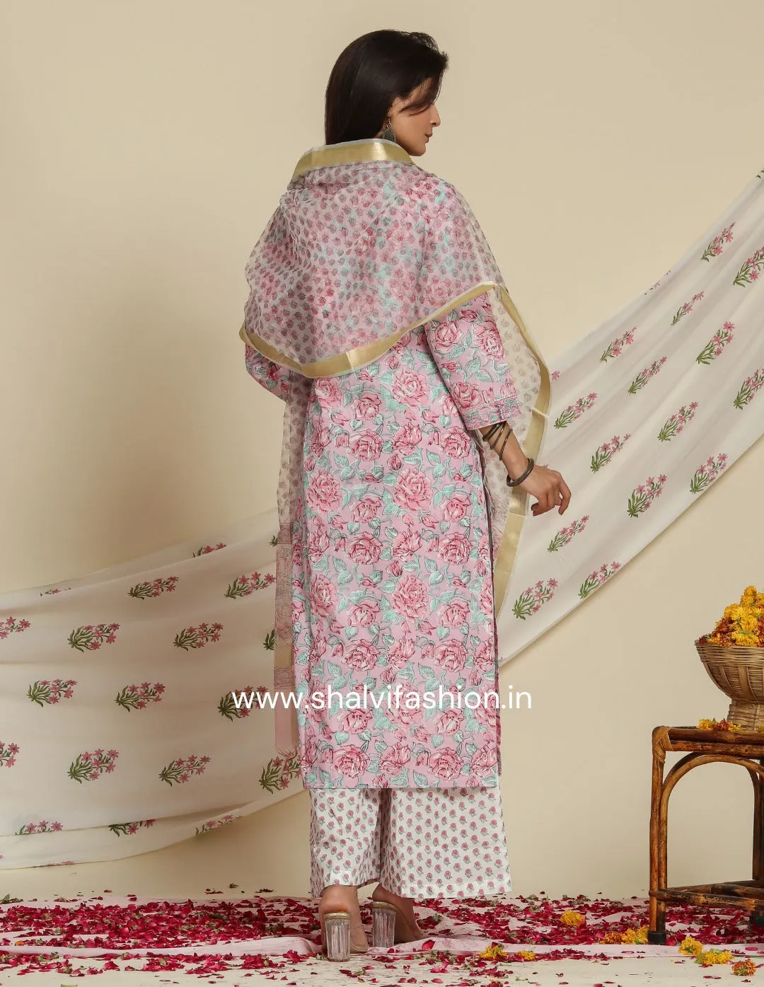 Bahar Hand Block Print Cotton Suit Set with Organza Dupatta (CSS77ORG)