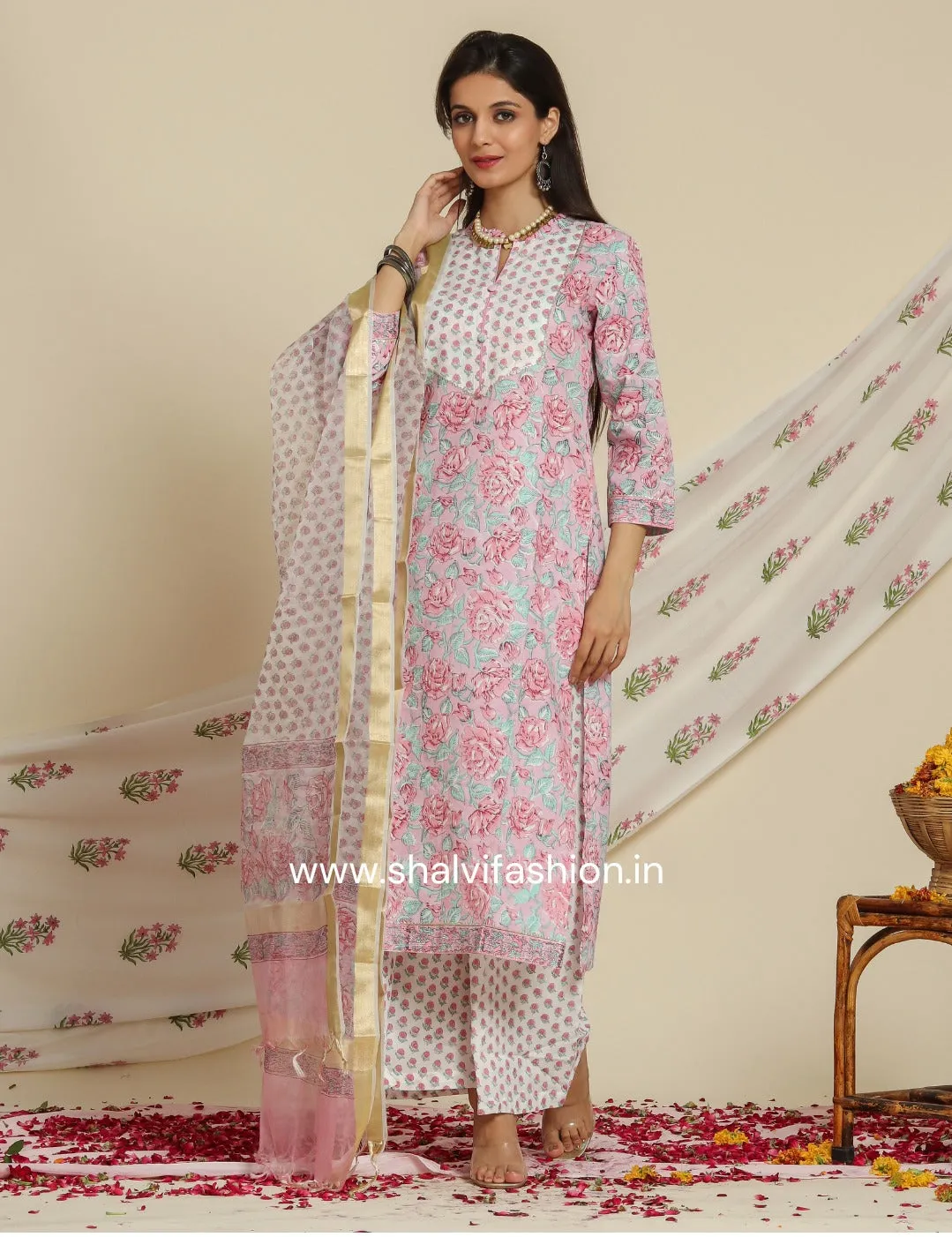 Bahar Hand Block Print Cotton Suit Set with Organza Dupatta (CSS77ORG)