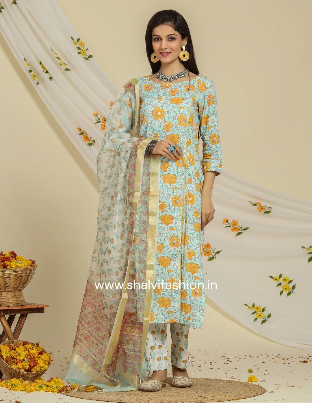 Bahar Hand Block Print Cotton Suit Set with Organza Dupatta (CSS89ORG)