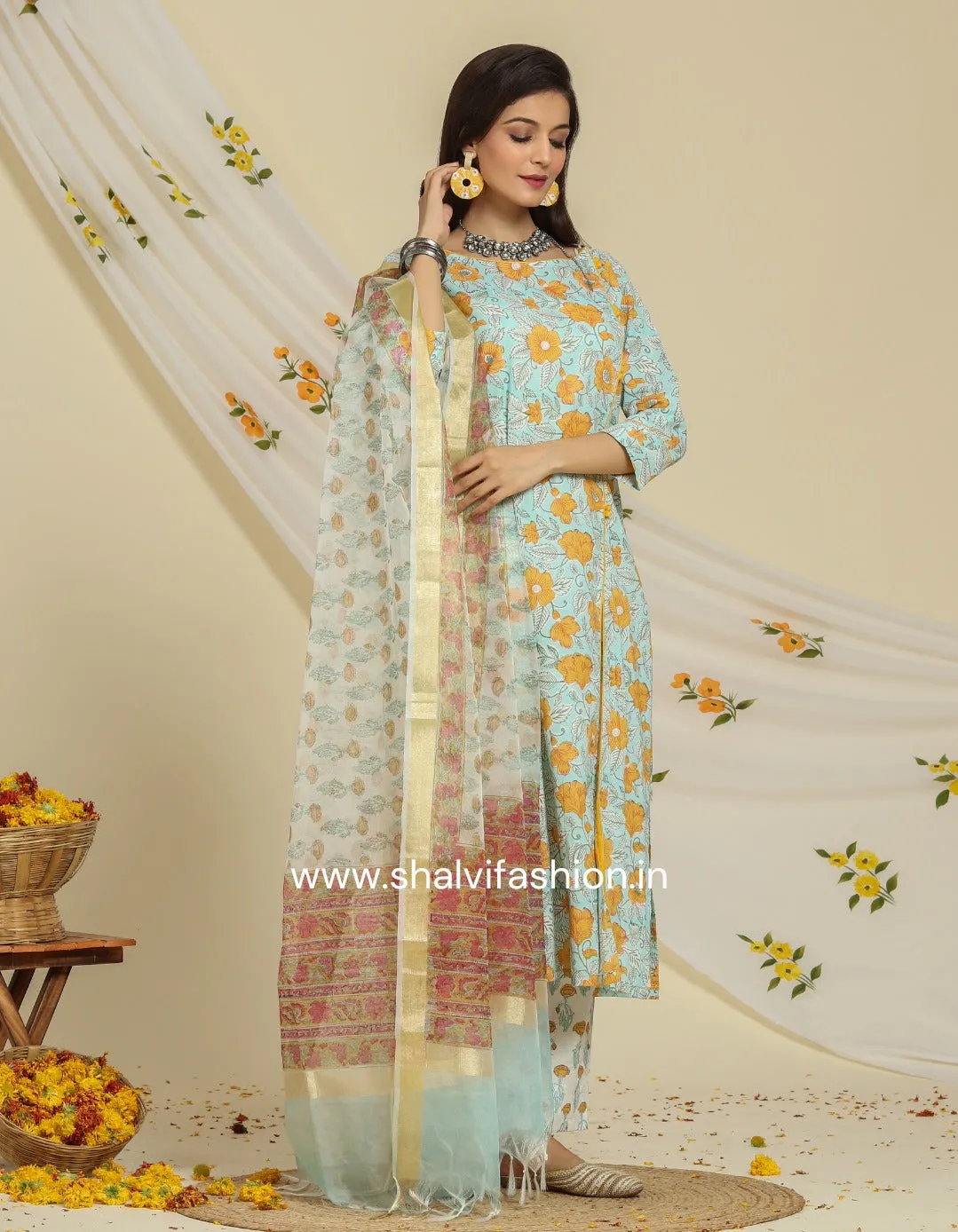 Bahar Hand Block Print Cotton Suit Set with Organza Dupatta (CSS89ORG)