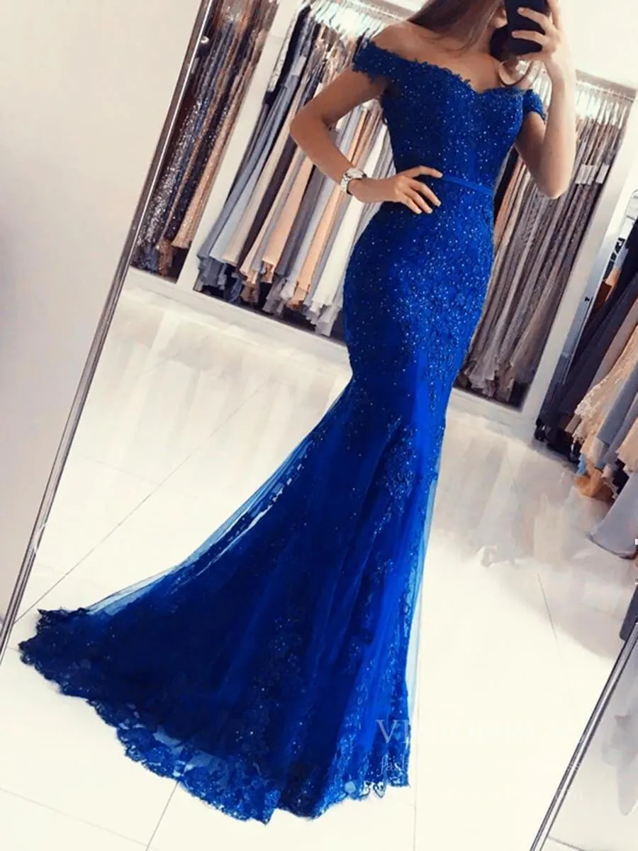 Beaded Lace Mermaid Long Prom Dresses Off the Shoulder Formal Dress FD1698