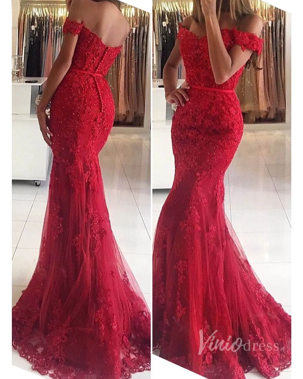 Beaded Lace Mermaid Long Prom Dresses Off the Shoulder Formal Dress FD1698