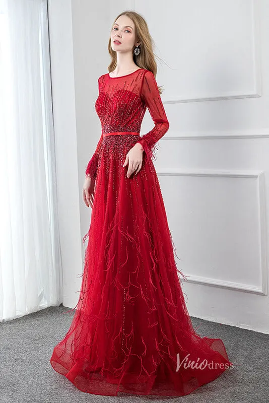 Beaded Red Feather A-line Prom Dresses Long Sleeve Evening Dress FD2809