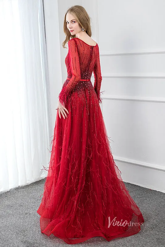 Beaded Red Feather A-line Prom Dresses Long Sleeve Evening Dress FD2809