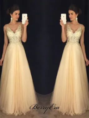 Beaded Rhinestones Tulle Prom Dresses, Fancy Long Prom Dresses, Lace Appliques Prom Dresses