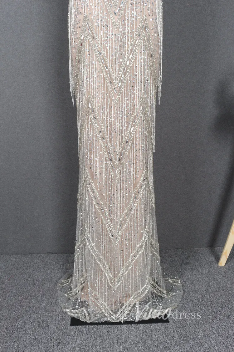 Beaded Silver Flapper Dress Vintage Sheath Prom Dress FD2828