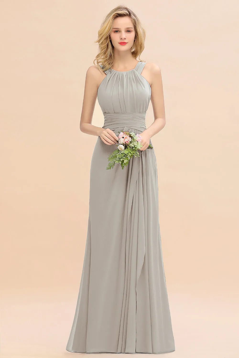 Beautiful Long A-line Halter Chiffon Backless Bridesmaid Dresses