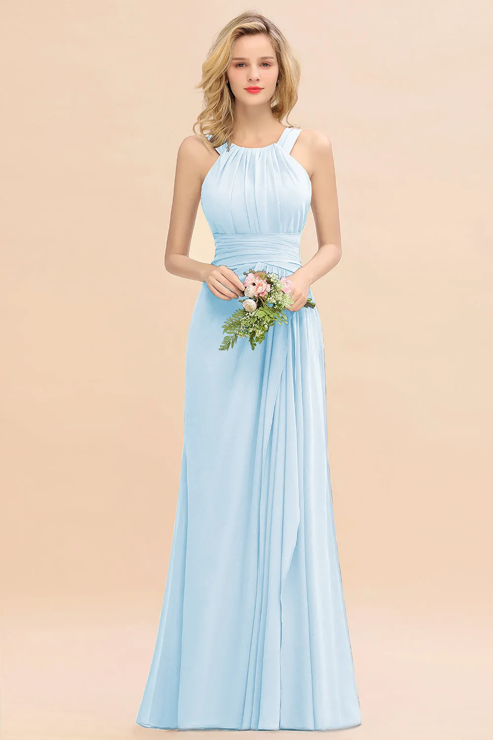 Beautiful Long A-line Halter Chiffon Backless Bridesmaid Dresses