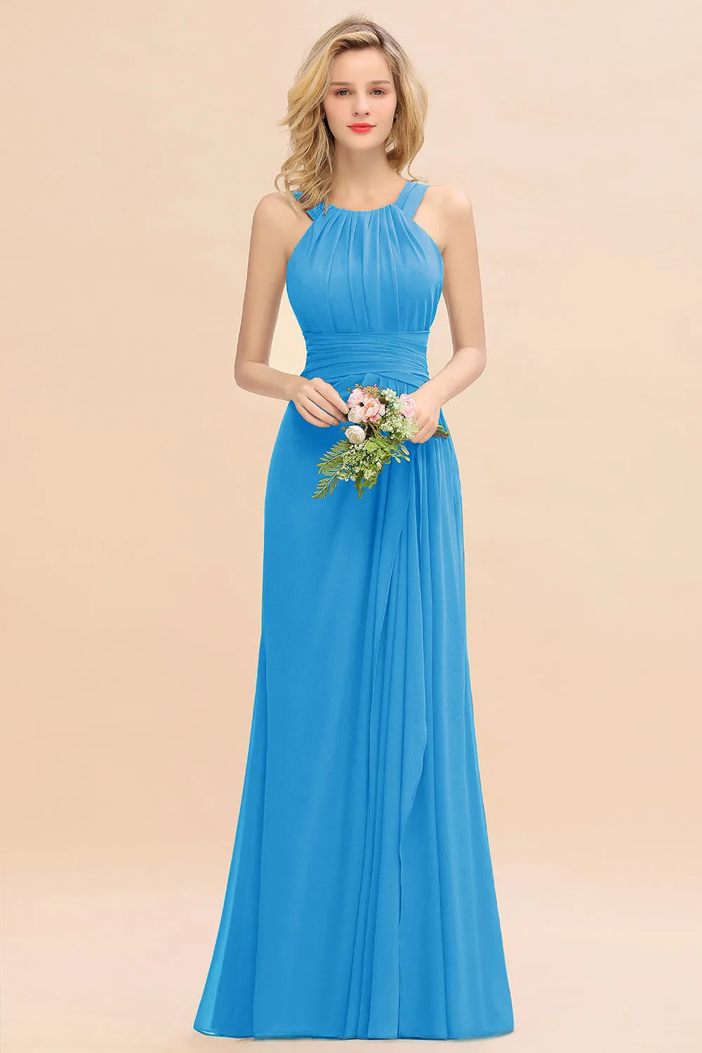 Beautiful Long A-line Halter Chiffon Backless Bridesmaid Dresses