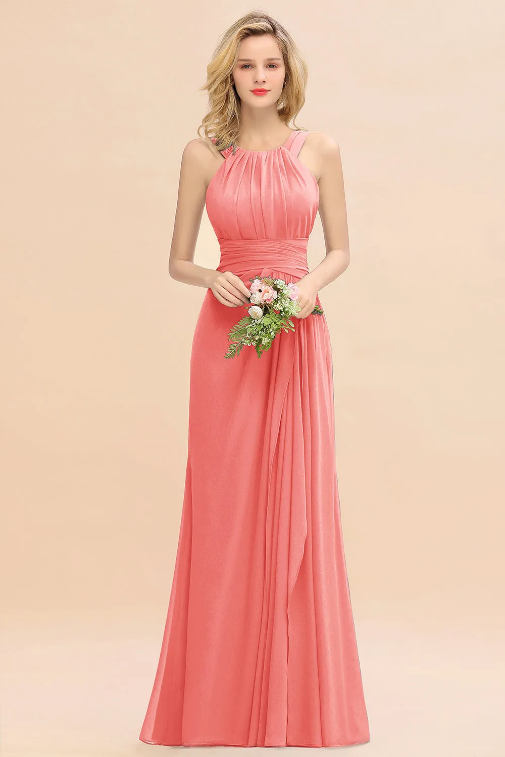 Beautiful Long A-line Halter Chiffon Backless Bridesmaid Dresses