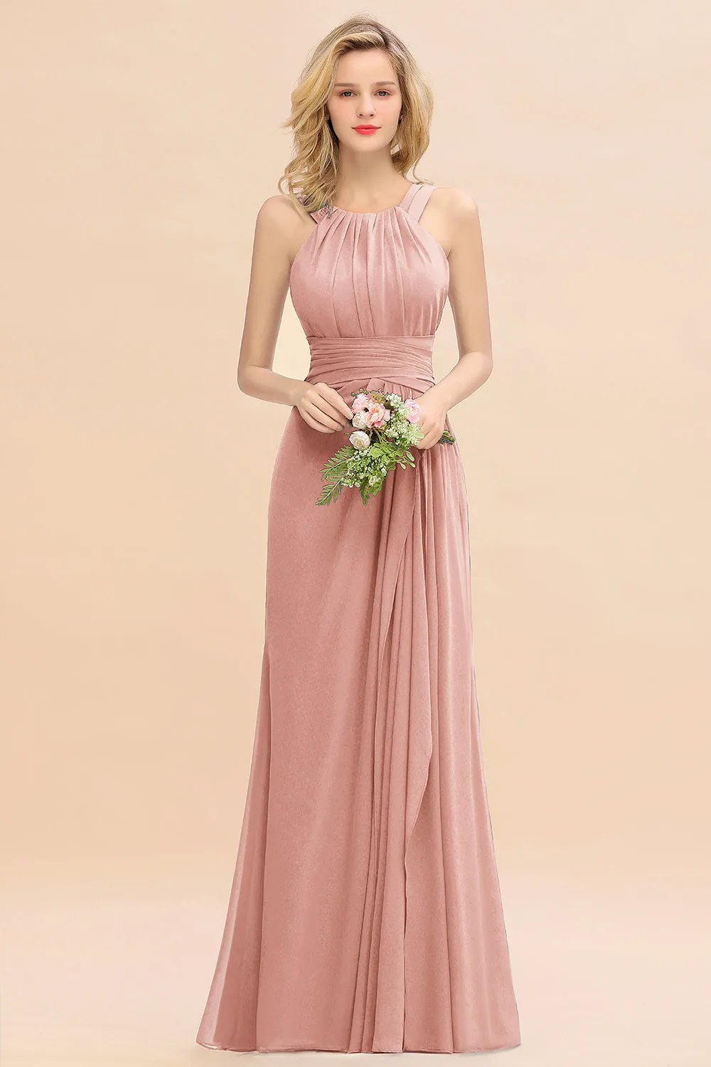 Beautiful Long A-line Halter Chiffon Backless Bridesmaid Dresses