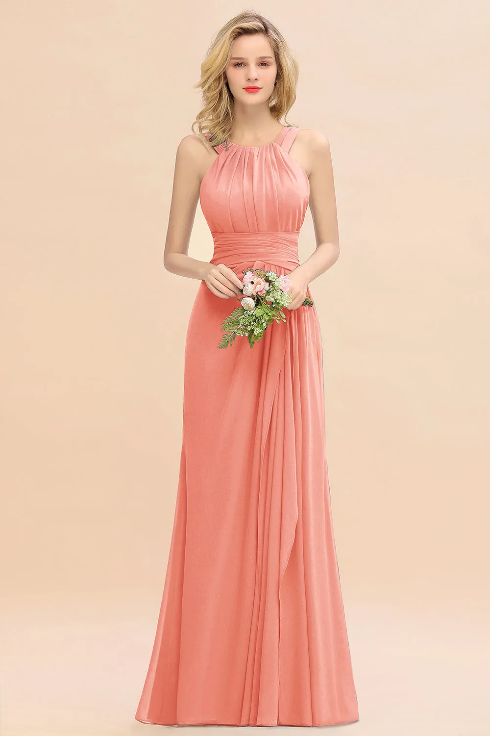 Beautiful Long A-line Halter Chiffon Backless Bridesmaid Dresses