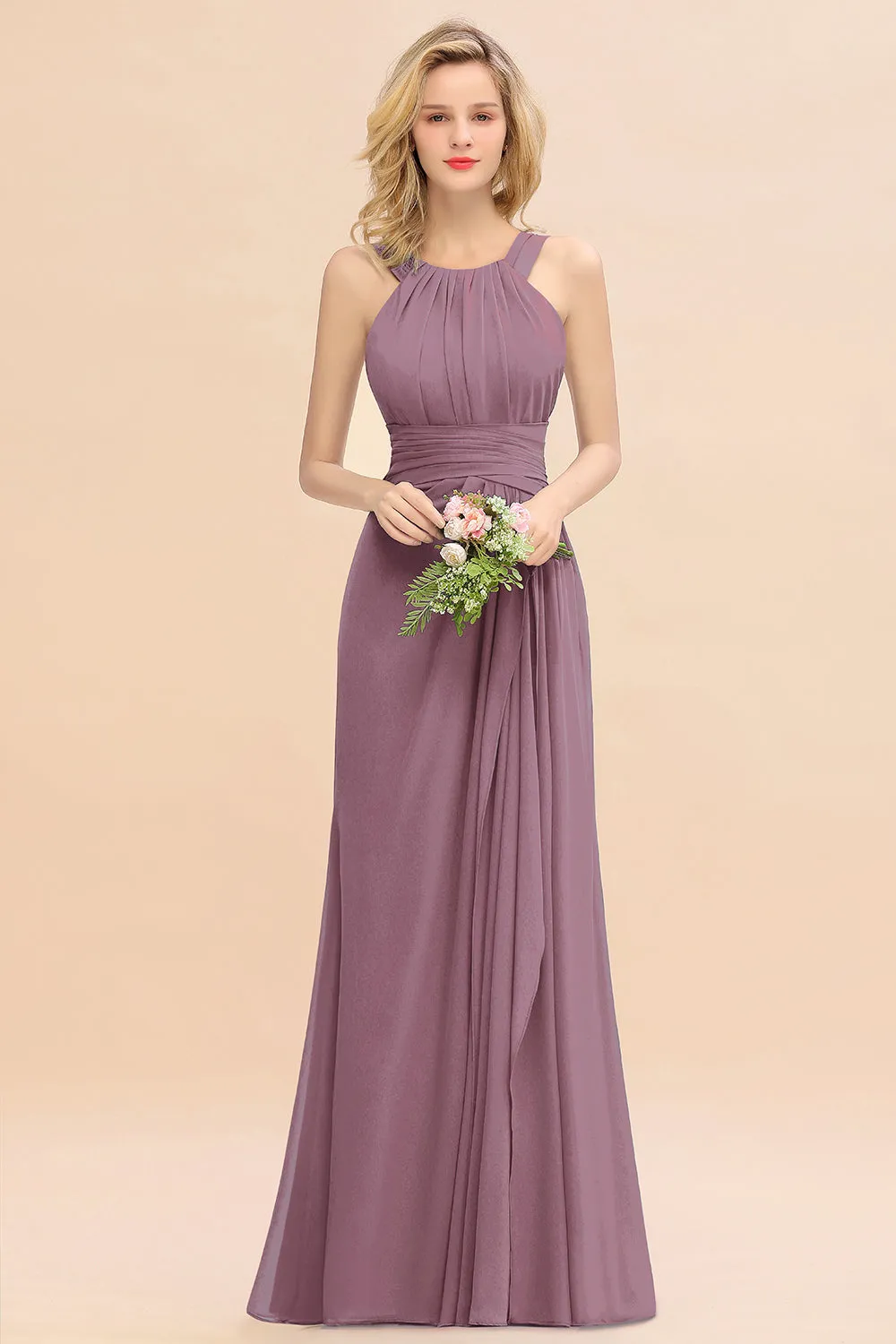 Beautiful Long A-line Halter Chiffon Backless Bridesmaid Dresses