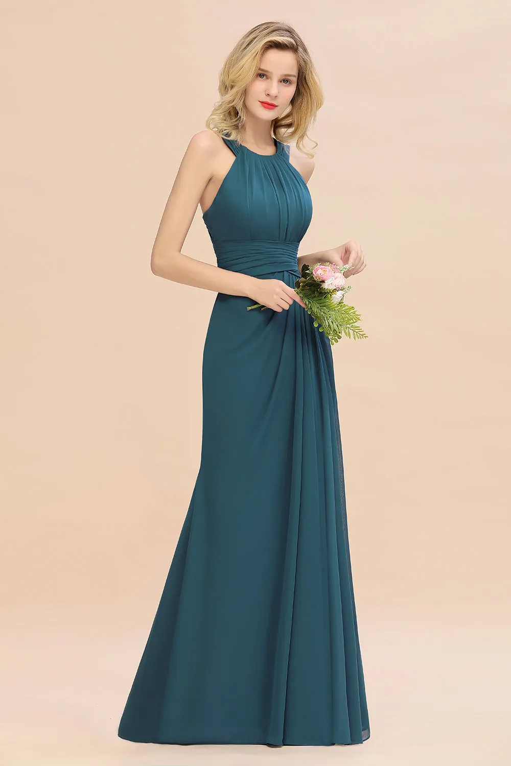 Beautiful Long A-line Halter Chiffon Backless Bridesmaid Dresses