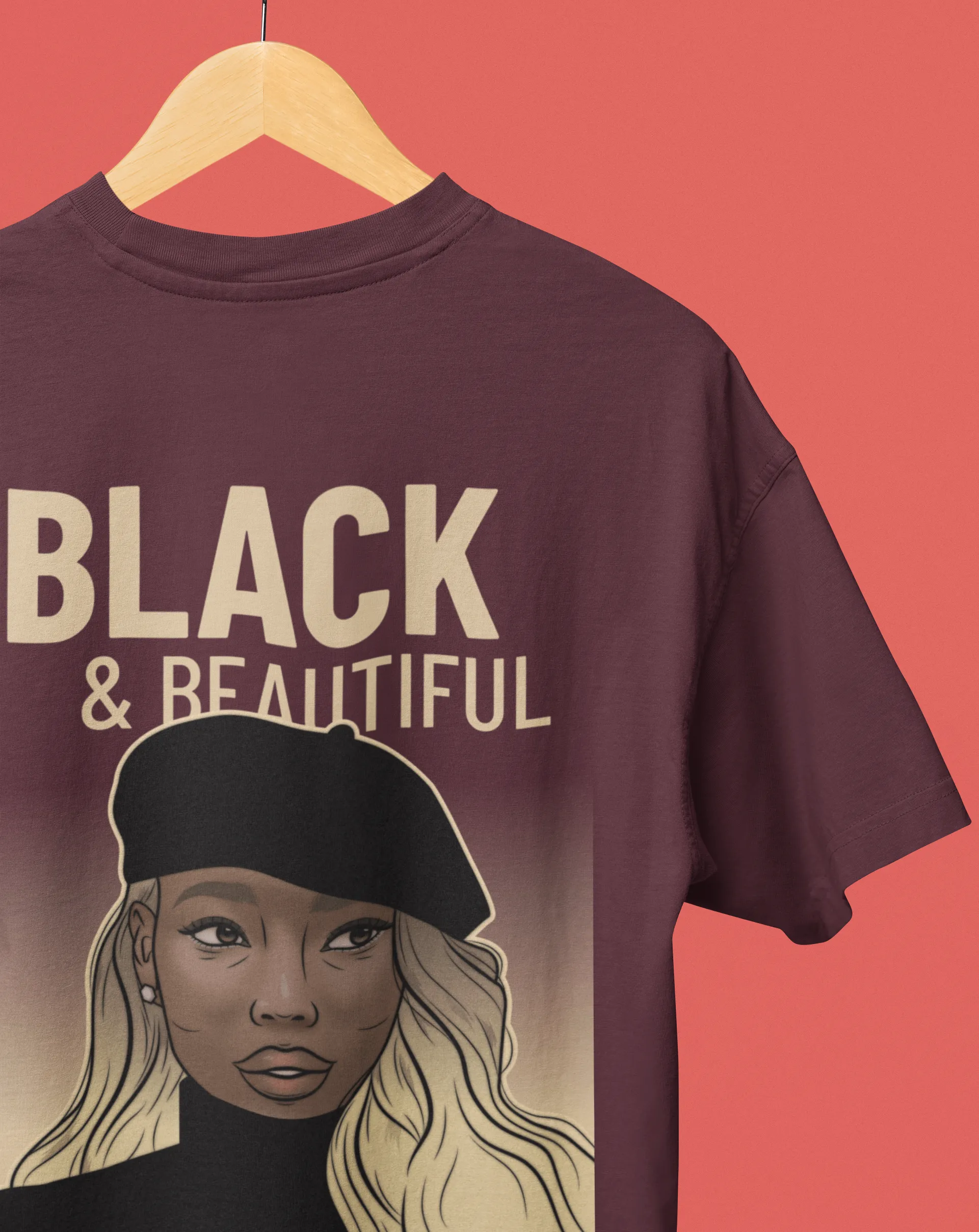 Black & Beautiful Oversized Maroon Printed Tshirt Unisex