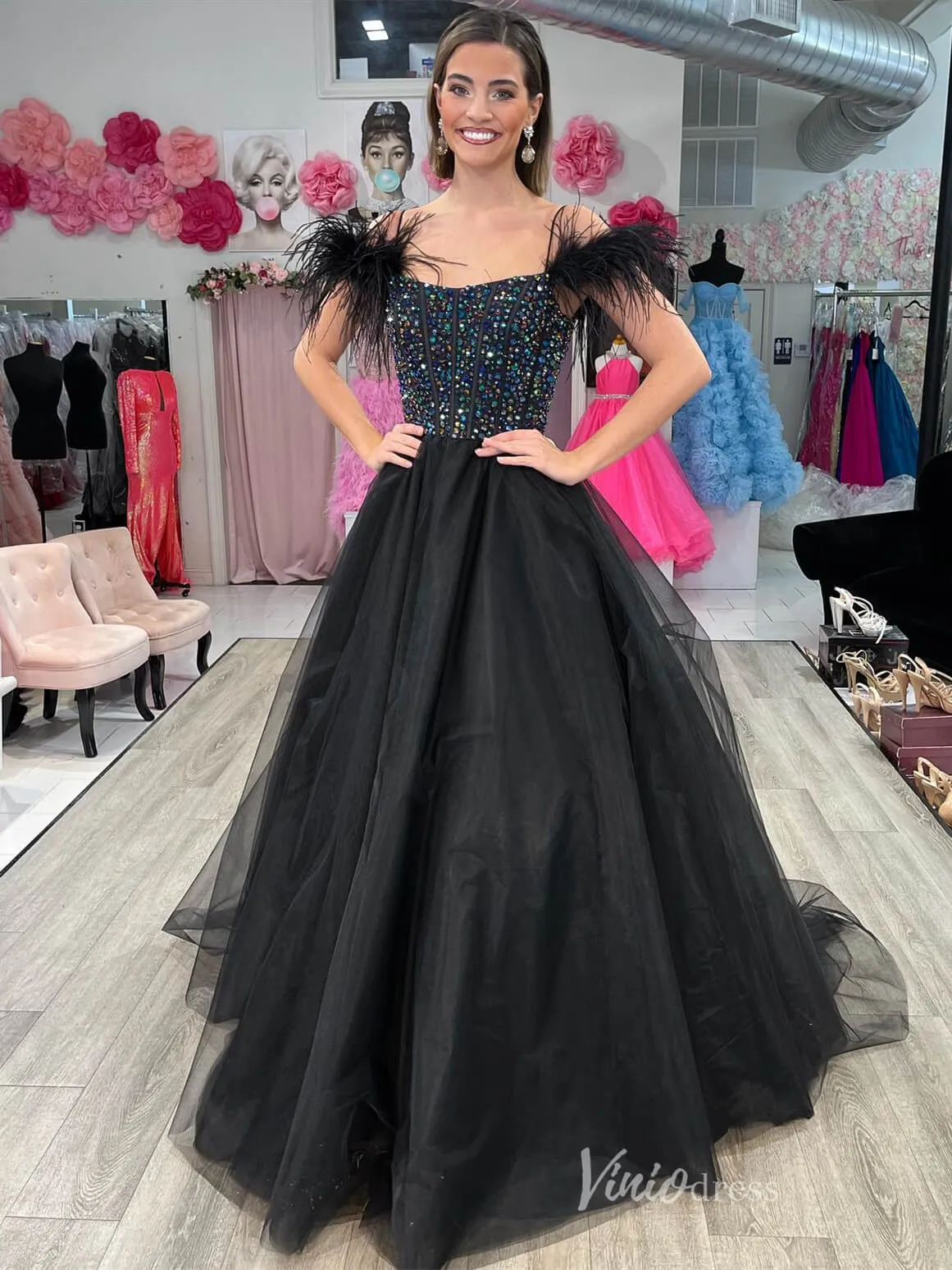 Black Beaded Prom Dresses Feather Strap Tulle Formal Gown FD4017