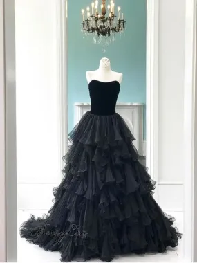 Black Fluffy A-Line Prom Dresses, Fancy Long Prom Dresses, Beauty Evening Party Dresses