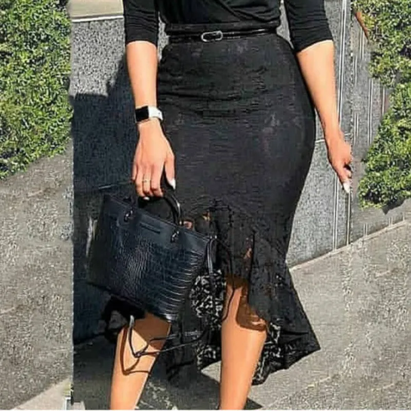 Black Lace High Waist Slim Midi Skirt