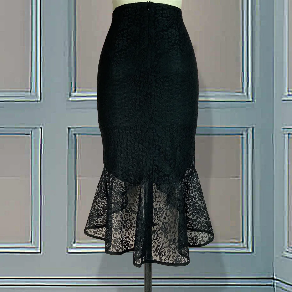 Black Lace High Waist Slim Midi Skirt