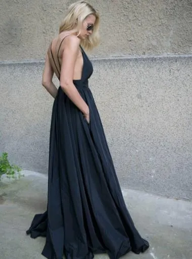 Black Sexy Backless Deep V Neck A-line Long Evening Prom Dresses, 17597