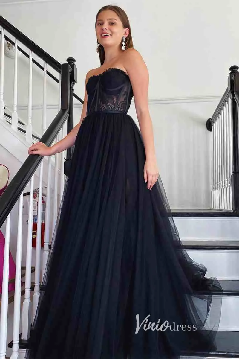 Black Tulle Prom Dresses Strapless Boned Formal Gown FD3269