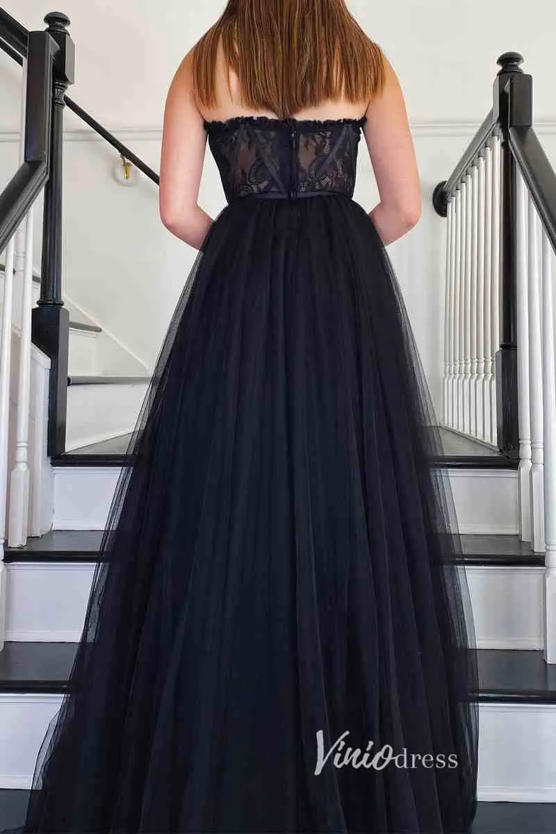 Black Tulle Prom Dresses Strapless Boned Formal Gown FD3269