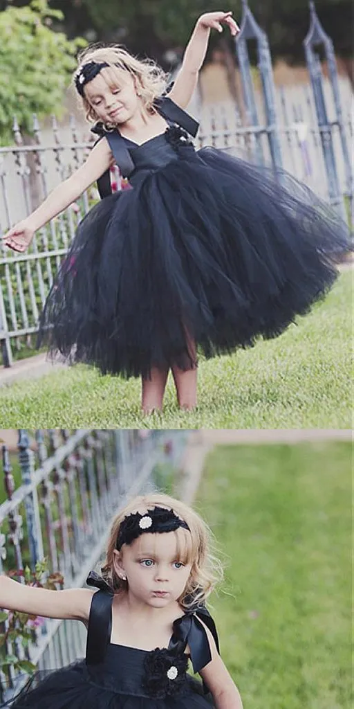 Black Tulle Spaghetti Straps Tutu Flower Girl Dresses,Cheap Older Flower Girl Dresses,FGY0186